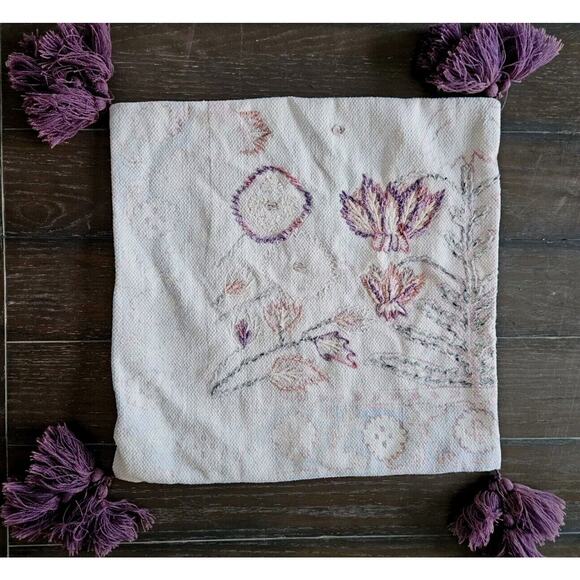 PIER 1 Embroidered Throw Pillow Cover Pink, Purple, Needlpoint Floral 18" CUTE - Picture 1 of 9